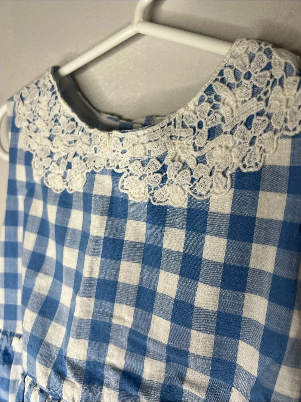 OshKosh B’gosh Blue Gingham Dress 3T Lace Collar Cotton Pockets Toddler Girl